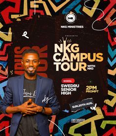 a man standing in front of a colorful background with the words ngg campus tour written on it