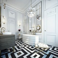 an elegant bathroom with black and white flooring, chandelier, tub and sink