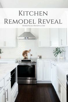 the kitchen remodel reveal with white cabinets and wood floors is featured in this article