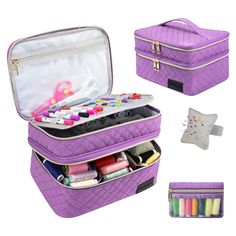 an open purple case with sewing supplies in it