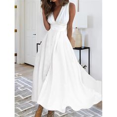 Season:Summer; Fabric:Cotton; Sleeve Length:Sleeveless; Look After Me:Machine wash; Gender:Women's; Style:Streetwear,Maxi; Elasticity:Micro-elastic; Occasion:Date,Vacation,Street,Holiday; Fit Type:Regular Fit; Dresses Type:Summer Dress,White Dress,A Line Dress; Design:Ruched; Neckline:V Neck; Listing Date:03/15/2024; Bust:; Length:; Shoulder Width:; Fit US Size:; Fit UK Size:; Fit EU Size:; Dress Length Type:Long Dress Maxi Dress,Maxi Dress; Print Type:non-printing Working Dresses, Sukienki Plus Size, Sleeveless Skirt, Dresses Formal Elegant, Chiffon Floral, Women Maxi, Plus Size Maxi Dresses, Vestido Casual, Slim Waist