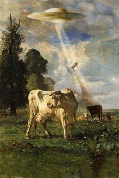 a painting of cows in a field with an alien hovering over them