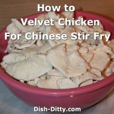 a pink bowl filled with chicken for chinese stir fry