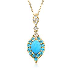 Ross-Simons - Turquoise, .50ct t. w. Apatite Pendant Necklace, .17ct t. w. Diamonds. 16". Picture this vibrant pendant necklace worn with neutrals and all-black ensembles...stunning! A bright 8x6mm oval turquoise cabochon is dazzled with .50 ct. t. w. round apatite and .17 ct. t. w. round brilliant-cut diamonds in polished 14kt yellow gold. Suspends from a cable chain with a 2" extender. Lobster clasp, diamond, apatite and turquoise pendant necklace. Turquoise Necklaces, Turquoise Pendant Necklace, Fine Jewelery, Cabochon Pendant, Diamond Pendant Necklace, Turquoise Pendant, Opal Jewelry, Round Brilliant Cut Diamond, Cable Chain