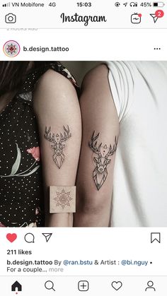 two women with tattoos on their arms and legs, both showing the same tattoo designs