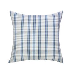 a blue and white striped pillow on a white background