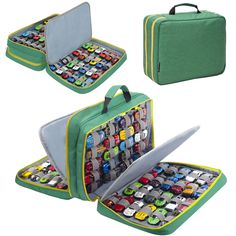 the case is filled with cars and has multiple compartments to hold them in place for storage