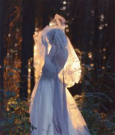 a woman in a white wedding dress standing in the woods at sunset with her veil pulled back