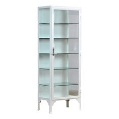 an empty glass display case with shelves on the bottom and bottom shelf in white, isolated against a white background