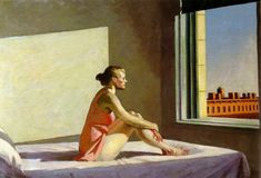 a painting of a woman sitting on a bed in front of a window looking out at the city