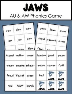 Dive into phonics fun with Jaws: The AU AW Phonics Game! Perfect for young readers, this engaging game helps students master the tricky au and aw vowel teams while keeping them excited to learn.How to Play: Players take turns drawing cards with au or aw words. Each student reads the word aloud, work... Aw Phonics, Aw Words, Vowel Team Words, Reading Games For Kids, Fun Phonics Activities, Drawing Cards, Phonics Activity, Vowel Teams, Phonics Practice