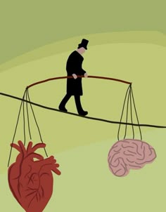 a man walking across a tightrope between two halves of the same heart and brain