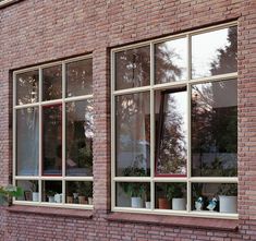 a brick building with three windows and potted plants in the window sills