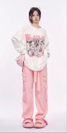 Pink Clothing Ideas, Pink Tomboy Aesthetic, Vintage Pink Outfits, Pink Streetwear Outfit, Y2k Pink Outfit, Pink Streetwear, Fashion Top Outfits, Kawaii Fashion Outfits, Tomboy Outfits