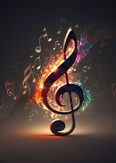 an abstract music note with musical notes coming out of the top and bottom, on a dark background