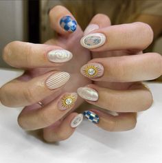 Stubby Nail Designs, Funky Beach Nails, Half Half Nails, Tropical Nails Short, Beach Nails Simple, Italy Inspired Nails, Italian Nails Trends, Different Design On Each Nail, Spanish Tile Nails