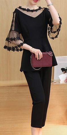 Women's Casual/Daily Work Party Sexy Cute Street chic Spring Summer Blouse Pant Suits Áo Blu, Woman In Black, Sleeves Designs For Dresses, Pants Outfits, فستان سهرة, Blouse Pants, Summer Pants