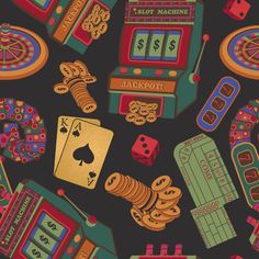 a casino themed background with slot machines, cards, and dices on a black background