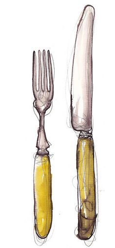 a drawing of a knife and fork with mustard on it's side, next to each other