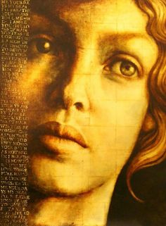 a painting of a woman's face with words on it