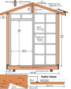 the plans for a shed with measurements and details to make it look like they are built in