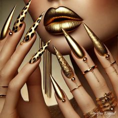 Step into a world of high fashion and bold beauty with this stunning art print, featuring luxurious gold lips and elegant leopard nails. This piece captures the essence of contemporary glamour, making it an excellent choice for those looking to enhance their beauty salon or personal space with a touch of edgy style. Key Features: Available for Personal and Commercial use High-Resolution Quality: Ensure crisp, clear prints on any medium, from wall art to merchandise. The designs are provided in h Nail Art Images Pictures, Gold Glitter Manicure, Fall Nail Patterns, Gold And Glitter Nails, Masquerade Ball Nails, Wood Grain Nails, Delta Sigma Theta Nails, Fall Stiletto Nails Design 2024, Gold Stilletos Nails