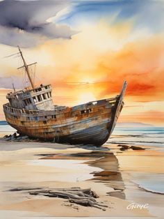 a painting of an old boat on the beach