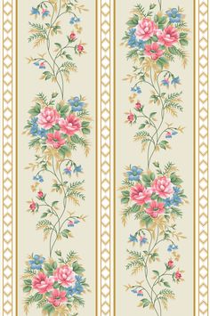 a wallpaper with flowers and leaves on the side, in gold stripes that are painted white