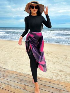 Summer Beach Women's One-Piece Swimwear Set Purple Boho   Fabric,Mesh Fabric Ombre  High Stretch  Women Clothing, size features are:Bust: ,Length: ,Sleeve Length: Swimming Suits For Hijab, Swimming Costume For Women Two Piece, Swimming Suit With Skirt, Modest Swimming Suits For Women, Swimming Dress For Women, Tropical Long Sleeve Cover-up For Beach Season, Fitted Long Sleeve Beach Cover-up, Long Sleeve Stretch Swimwear For Summer, Fitted Pink Beach Cover-up