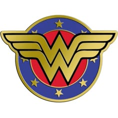 the wonder woman logo is shown in gold and blue, with stars on each side