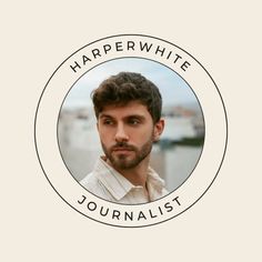 a man with a beard in a round frame that says harper white journalist on it