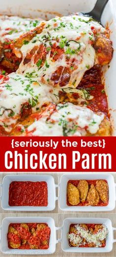 chicken parm recipe in a casserole dish with the title seriously the best chicken parm