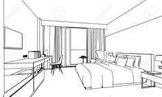 black and white line drawing of a bedroom