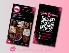 two pink and black business cards with qr code for hair stylishers