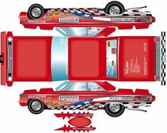 a paper model of a red car with shark teeth on the side and back sides