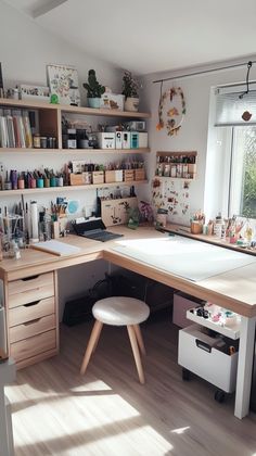 a desk with lots of crafting supplies on top of it in a home office