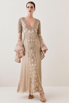 This Is A Limited Edition Piece, Created As One Of Just 150 Styles. Gold Beaded Dress, Embellished Kimono, Wedding Guest Gowns, Latest Maxi Dresses, Beaded Maxi Dress, Maxi Dress Collection, Mob Dresses, Elegant Wedding Dress, Kimono Sleeve