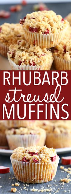 rhubarb and cranberry muffins with text overlay