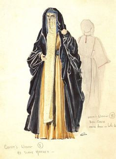 an old fashion drawing of a woman in black and gold dress with long veil, standing next to another woman