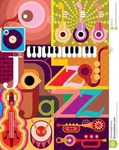 an abstract music background with musical instruments and other things in the style of pop art