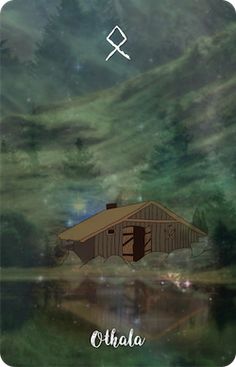 an image of a cabin in the middle of a lake with trees and mountains behind it