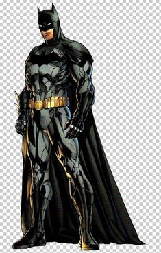 the batman is standing with his hands in his pockets and wearing a black suit, gold belt