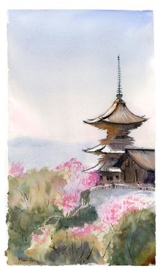 a watercolor painting of a pagoda with pink flowers in the foreground