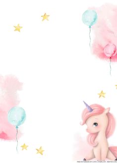 an illustration of a pink unicorn with stars and balloons in the sky, on a white background