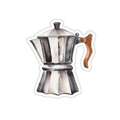 a watercolor drawing of a coffee pot with a wooden handle