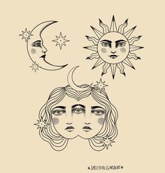 three faces with the sun and moon above them, one is drawn in black ink