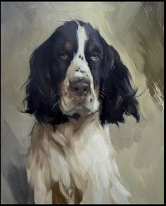 a painting of a black and white dog