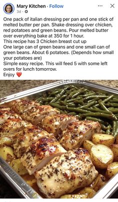 a pan filled with chicken, potatoes and green beans