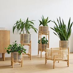 three wooden planters with plants in them sitting next to each other on the floor