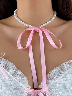 Pink  Collar  Plastic   Embellished   Women Fashion Jewelry Ribbon Necklace Diy, Bow Choker, Accessories Necklaces, Y2k Accessories, Winter Typ, Necklaces Accessories, Geometric Bracelet, Bracelet Accessories, Pink Collars